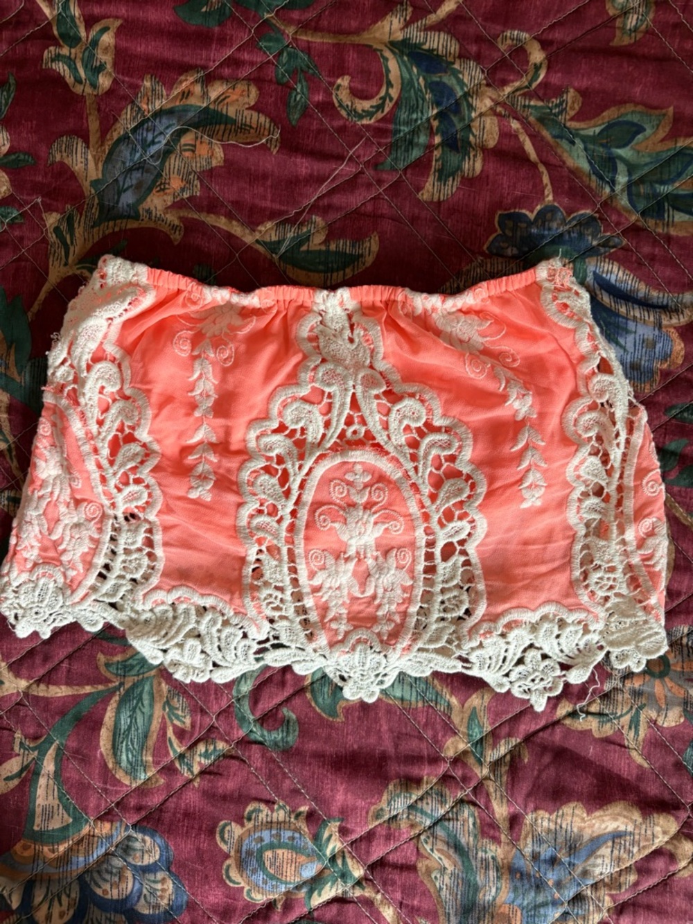 Hot & Delicious Coral Lace Trim Bandeau Crop Top